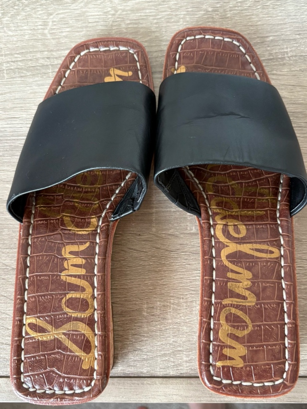 Sam Edelman Black Slide Sandals with Brown Croc Insole